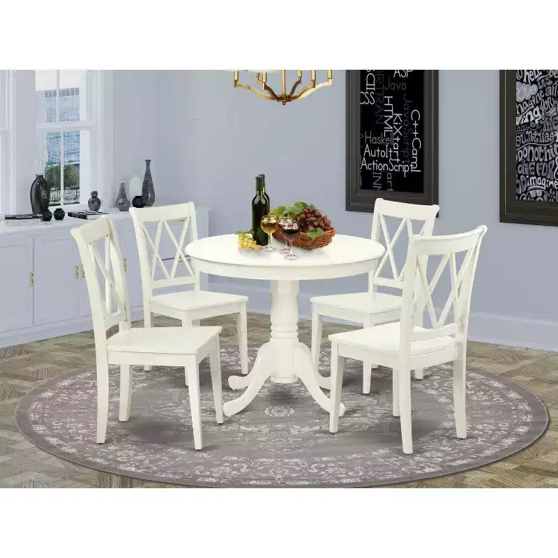 Table à manger HomeStock 5 pièces ronde en lin blanc avec plateau en bois massif et 4 chaises à dossier croisé