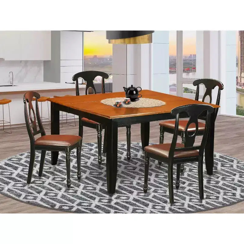 Table de salle à manger HomeStock 5 pièces à plateau carré en bois massif avec finition noire et cerisier, et 4 chaises
