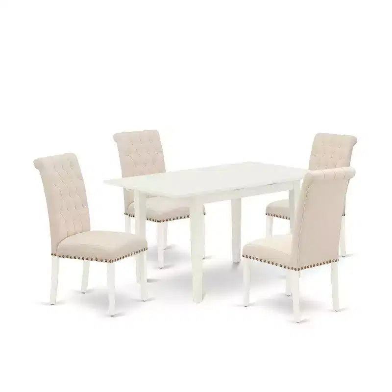 HomeStock 5-Pc Linen White Finish Solid Wood Top - Rectangular Button Tufted Dining Room Set with Butterfly Leaf - Seats 4
