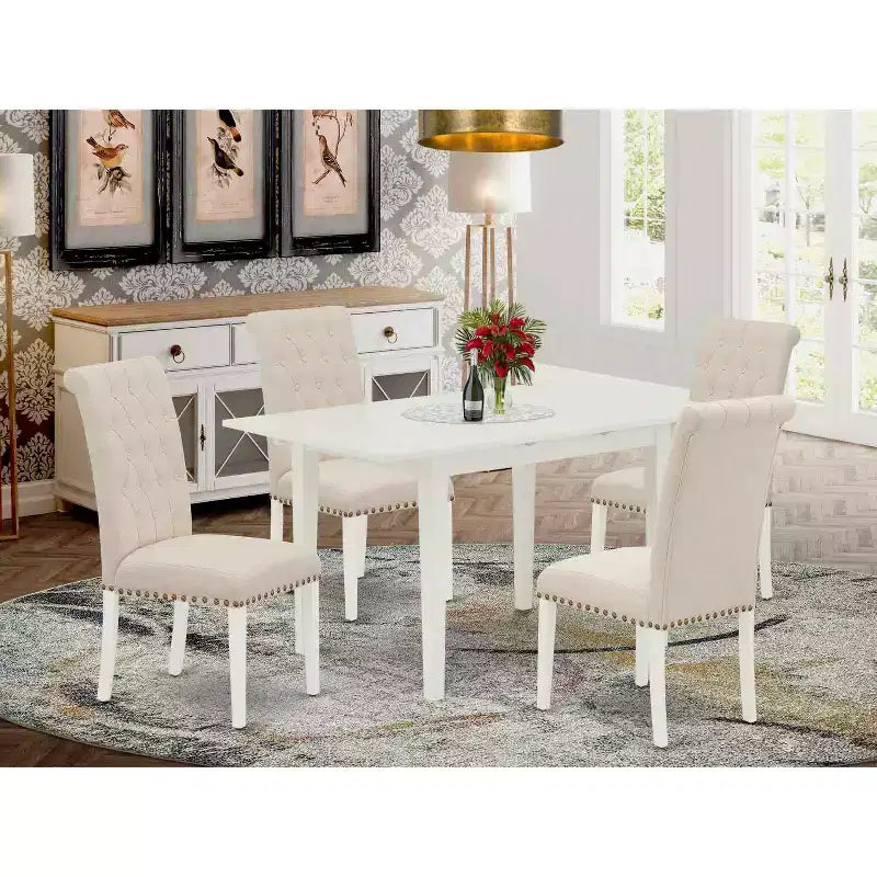 Ensemble de salle à manger rectangulaire HomeStock 5 pièces en bois massif finition lin blanc, avec plateau, boutons touffus et rallonge papillon – 4 places