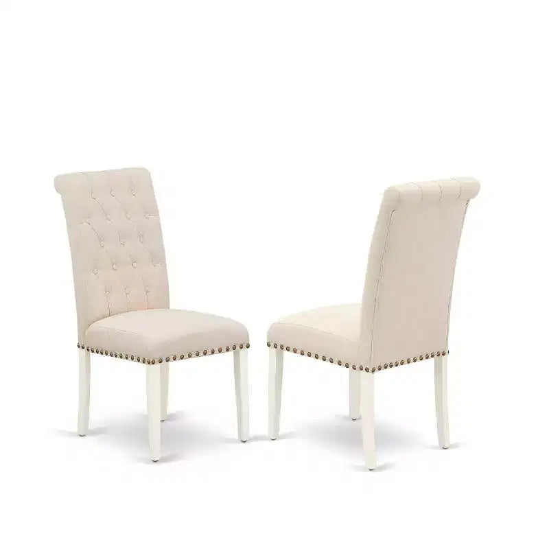 Ensemble de salle à manger rectangulaire HomeStock 5 pièces en bois massif finition lin blanc, avec plateau, boutons touffus et rallonge papillon – 4 places
