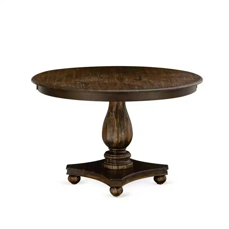 Table à manger ronde 7 pièces HomeStock avec plateau en bois massif finition jacobine patinée et 6 chaises Parson