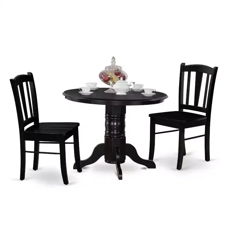 Modern 3Pc Dinette Set - Round Dining Table with 2 Wooden Chairs - Black Finish Kitchen Table Set