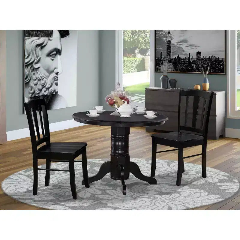 Ensemble de salle à manger moderne 3 pièces - Table à manger ronde avec 2 chaises en bois - Ensemble de table de cuisine finition noire