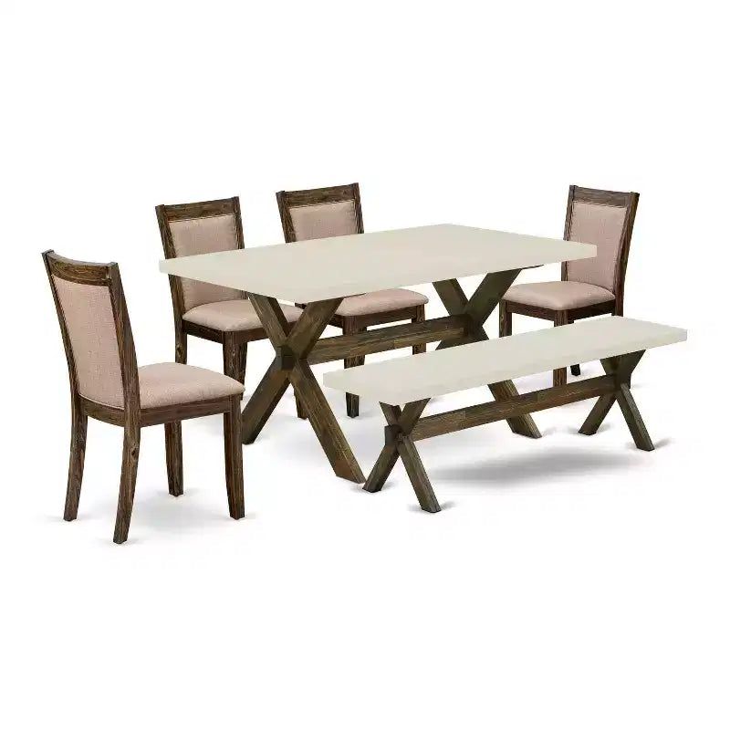 HomeStock 6-Piece Rectangle Distressed Jacobean Finish Solid Wood Top Dining Table with 1-Bench, 4-Chairs