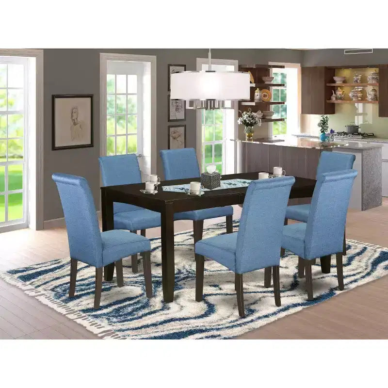 Ensemble table de cuisine 7 pièces Table à manger avec chaises en tissu bleu lin pieds cappuccino