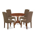 Round Dinette Set 5Pc - 42 Inch Table & 4 Chairs - Linen Fabric - Dark Coffee Finish