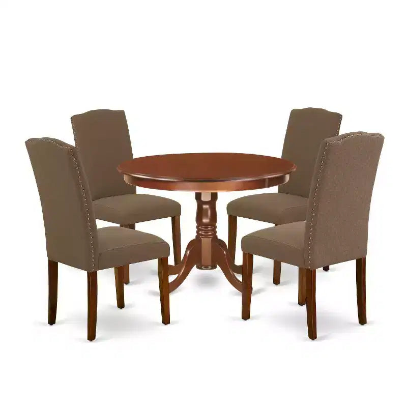 Round Dinette Set 5Pc - 42 Inch Table & 4 Chairs - Linen Fabric - Dark Coffee Finish