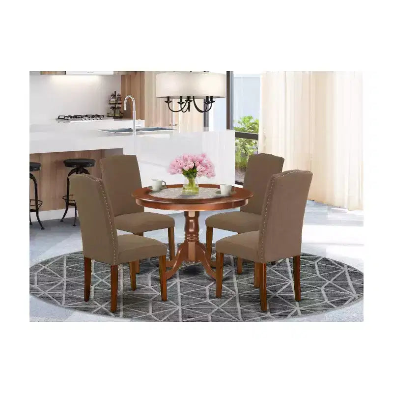 Ensemble de salle à manger rond 5 pièces - Table de 42 pouces et 4 chaises - Tissu en lin - Finition café foncé