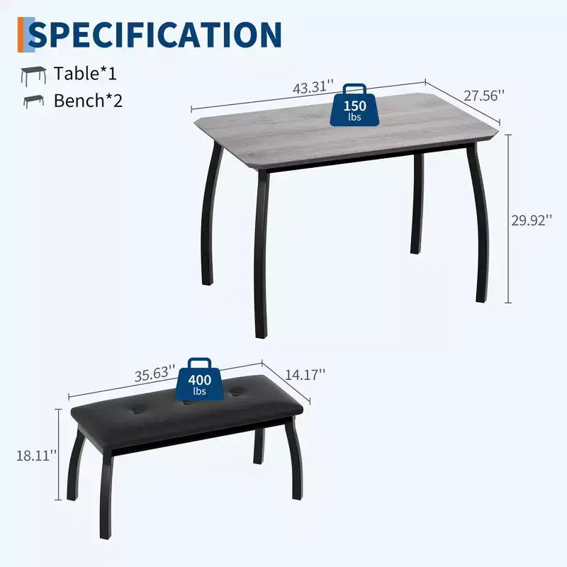 Ensemble table à manger de style banc Table à manger en bois avec 2 bancs Ensemble table et chaises pour 4 à 6 personnes Convient aux cuisines, appartements et studios