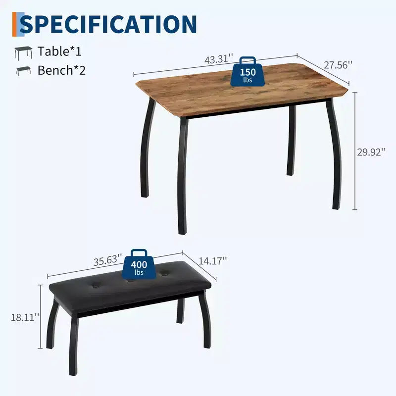 Ensemble table à manger de style banc Table à manger en bois avec 2 bancs Ensemble table et chaises pour 4 à 6 personnes Convient aux cuisines, appartements et studios