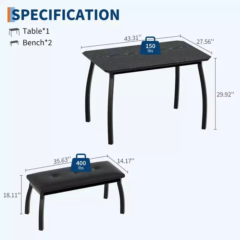 Ensemble table à manger de style banc Table à manger en bois avec 2 bancs Ensemble table et chaises pour 4 à 6 personnes Convient aux cuisines, appartements et studios