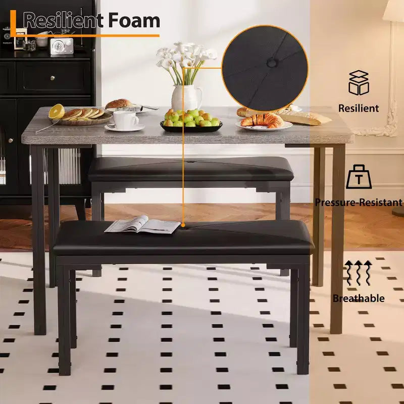 Ensemble Table à Manger pour 4, Table de Cuisine 3 Pièces avec 2 Bancs Rembourrés, Ensemble de Salle à Manger Gain de Place pour Coin Repas et Petits Espaces, Intérieur/Extérieur