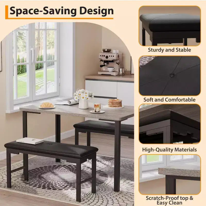 Ensemble Table à Manger pour 4, Table de Cuisine 3 Pièces avec 2 Bancs Rembourrés, Ensemble de Salle à Manger Gain de Place pour Coin Repas et Petits Espaces, Intérieur/Extérieur