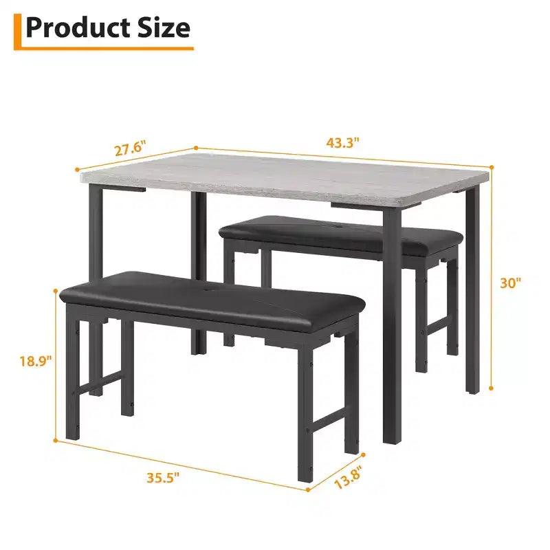 Ensemble Table à Manger pour 4, Table de Cuisine 3 Pièces avec 2 Bancs Rembourrés, Ensemble de Salle à Manger Gain de Place pour Coin Repas et Petits Espaces, Intérieur/Extérieur
