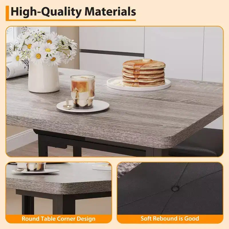 Ensemble Table à Manger pour 4, Table de Cuisine 3 Pièces avec 2 Bancs Rembourrés, Ensemble de Salle à Manger Gain de Place pour Coin Repas et Petits Espaces, Intérieur/Extérieur