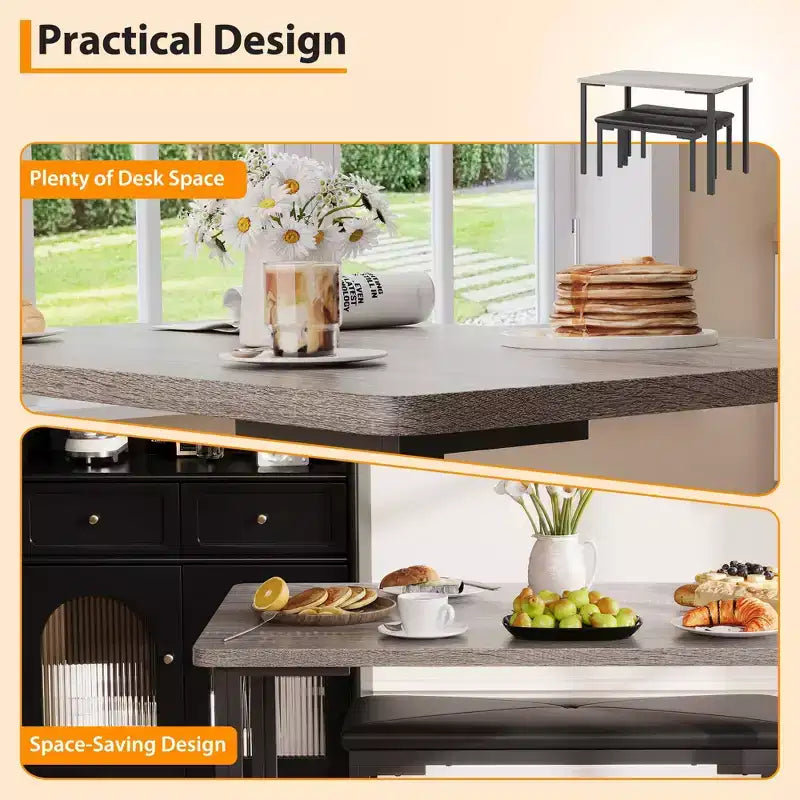 Ensemble Table à Manger pour 4, Table de Cuisine 3 Pièces avec 2 Bancs Rembourrés, Ensemble de Salle à Manger Gain de Place pour Coin Repas et Petits Espaces, Intérieur/Extérieur