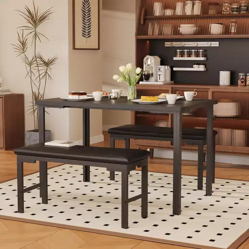Ensemble Table à Manger pour 4, Table de Cuisine 3 Pièces avec 2 Bancs Rembourrés, Ensemble de Salle à Manger Gain de Place pour Coin Repas et Petits Espaces, Intérieur/Extérieur
