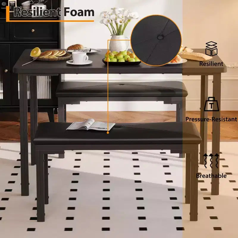 Ensemble Table à Manger pour 4, Table de Cuisine 3 Pièces avec 2 Bancs Rembourrés, Ensemble de Salle à Manger Gain de Place pour Coin Repas et Petits Espaces, Intérieur/Extérieur