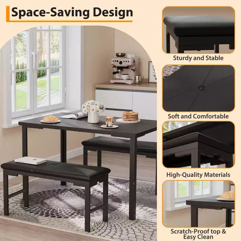 Ensemble Table à Manger pour 4, Table de Cuisine 3 Pièces avec 2 Bancs Rembourrés, Ensemble de Salle à Manger Gain de Place pour Coin Repas et Petits Espaces, Intérieur/Extérieur