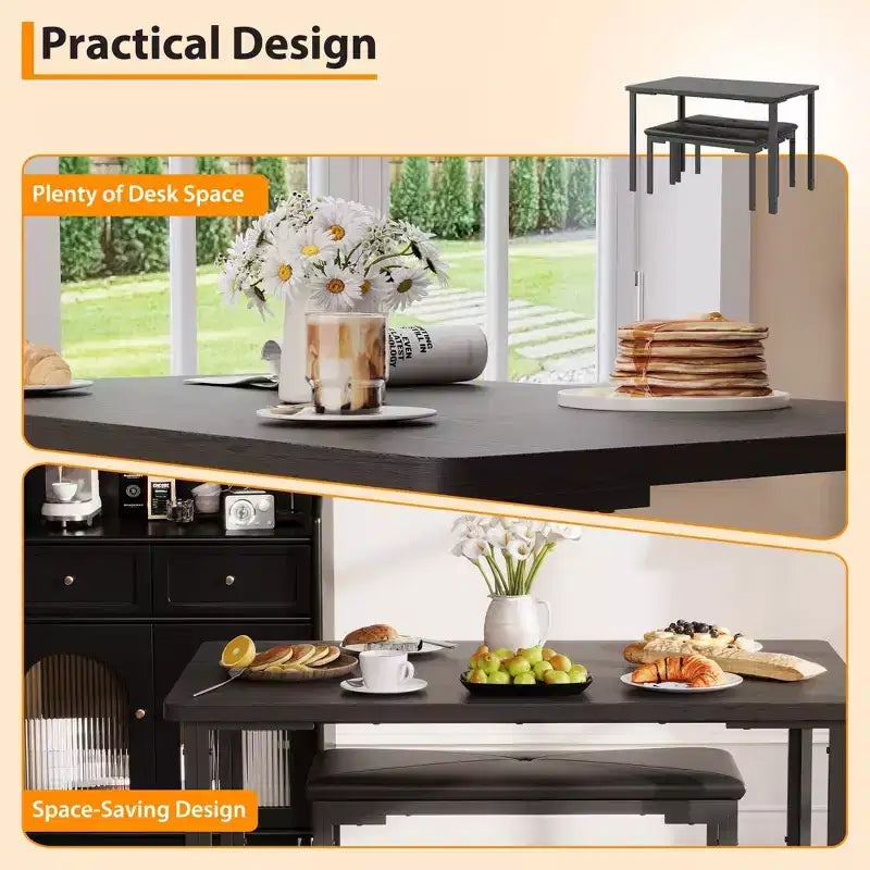 Ensemble Table à Manger pour 4, Table de Cuisine 3 Pièces avec 2 Bancs Rembourrés, Ensemble de Salle à Manger Gain de Place pour Coin Repas et Petits Espaces, Intérieur/Extérieur