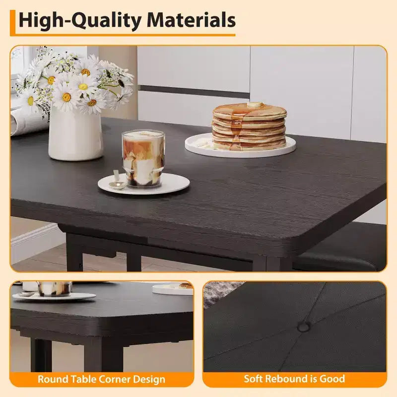 Ensemble Table à Manger pour 4, Table de Cuisine 3 Pièces avec 2 Bancs Rembourrés, Ensemble de Salle à Manger Gain de Place pour Coin Repas et Petits Espaces, Intérieur/Extérieur