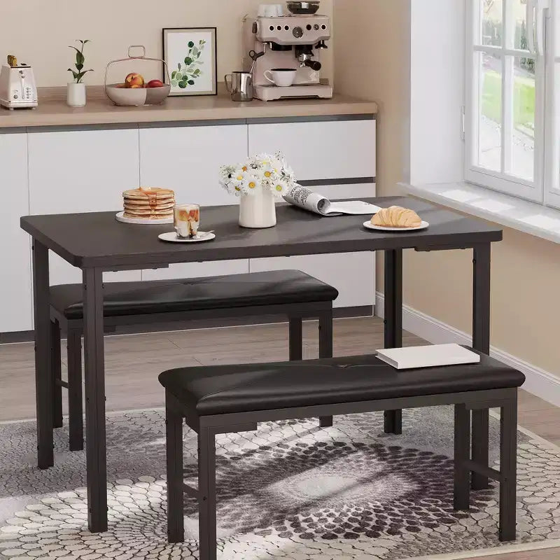 Dining Table Set for 4, 3-Piece Kitchen Table w2 Upholstered Benches, Space-Saving Dining Room Set for Breakfast Nook and Small Spaces,Outdoor Indoor