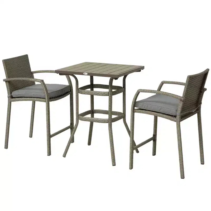 3 PCS Rattan Wicker Bar Set with Wood Grain Top Table and 2 Bar Stools for Outdoor, Patio, Poolside, Garden