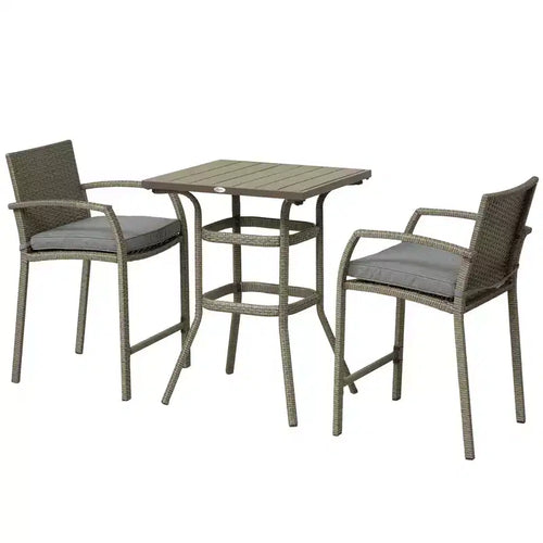 3 PCS Rattan Wicker Bar Set with Wood Grain Top Table and 2 Bar Stools for Outdoor, Patio, Poolside, Garden
