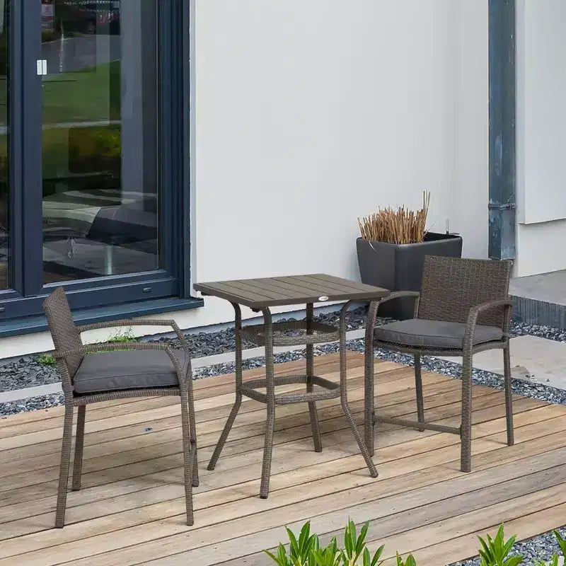 Ensemble de bar 3 pièces en rotin tressé avec table en bois et 2 tabourets de bar pour l'extérieur, le patio, la piscine, le jardin.