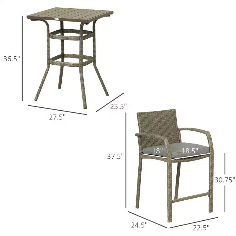 Ensemble de bar 3 pièces en rotin tressé avec table en bois et 2 tabourets de bar pour l'extérieur, le patio, la piscine, le jardin.