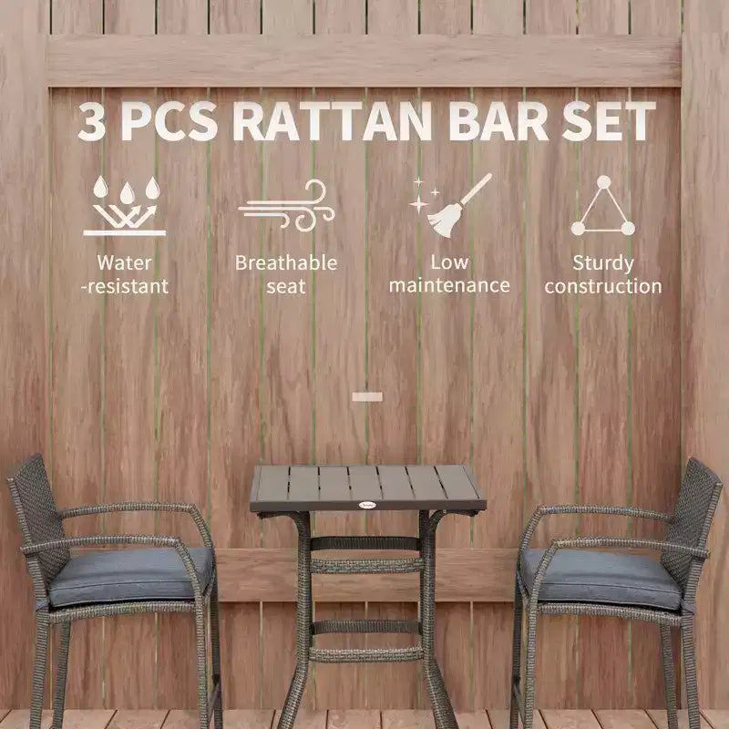 Ensemble de bar 3 pièces en rotin tressé avec table en bois et 2 tabourets de bar pour l'extérieur, le patio, la piscine, le jardin.