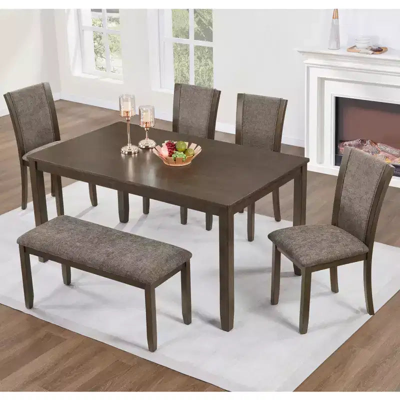 GDFStudio Eira Farmhouse 6-Piece Dining Set with Rubberwood Rectangular Table, 1 Bench, and 4 Linen Upholstered Chairs