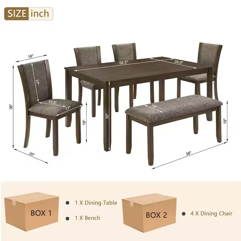 Ensemble de salle à manger 6 pièces GDFStudio Eira Farmhouse avec table rectangulaire en bois d'hévéa, 1 banc et 4 chaises rembourrées en lin