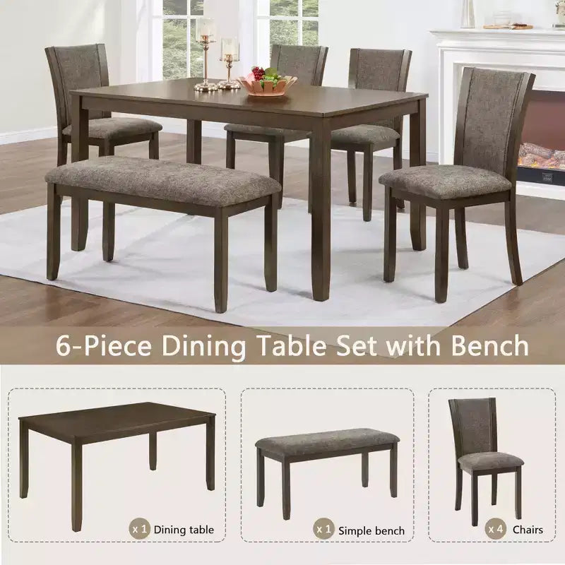 Ensemble de salle à manger 6 pièces GDFStudio Eira Farmhouse avec table rectangulaire en bois d'hévéa, 1 banc et 4 chaises rembourrées en lin