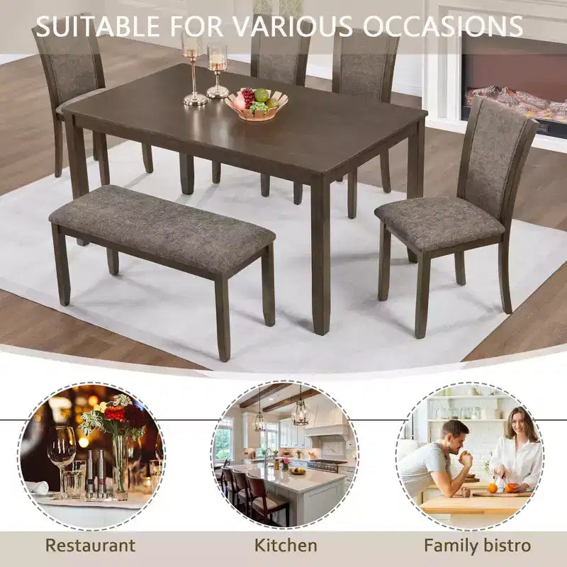Ensemble de salle à manger 6 pièces GDFStudio Eira Farmhouse avec table rectangulaire en bois d'hévéa, 1 banc et 4 chaises rembourrées en lin