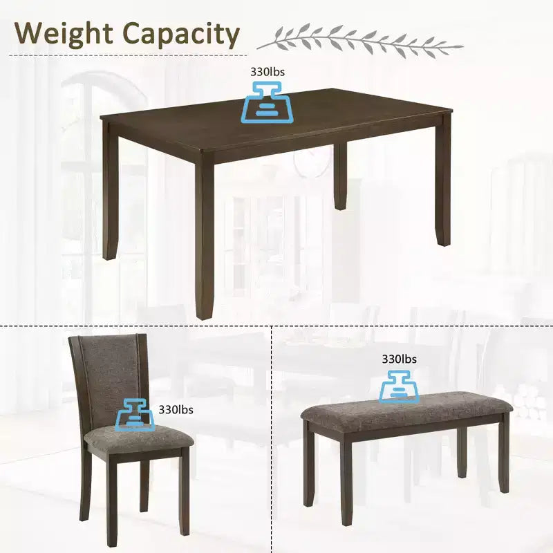 Ensemble de salle à manger 6 pièces GDFStudio Eira Farmhouse avec table rectangulaire en bois d'hévéa, 1 banc et 4 chaises rembourrées en lin