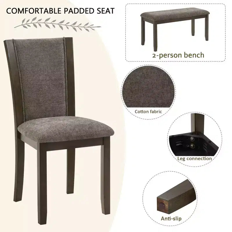 Ensemble de salle à manger 6 pièces GDFStudio Eira Farmhouse avec table rectangulaire en bois d'hévéa, 1 banc et 4 chaises rembourrées en lin