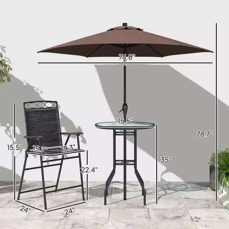 Ensemble de bar d'extérieur 4 pièces avec parasol, salon de jardin avec 2 chaises pliantes, table en verre trempé à texture ondulée pour jardin, terrasse, bord de piscine