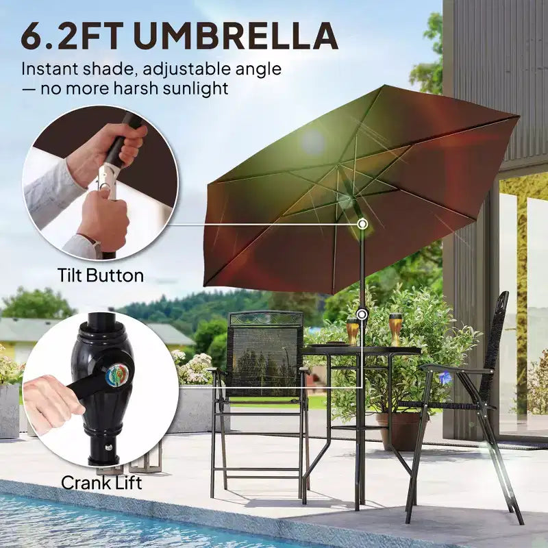 Ensemble de bar d'extérieur 4 pièces avec parasol, salon de jardin avec 2 chaises pliantes, table en verre trempé à texture ondulée pour jardin, terrasse, bord de piscine