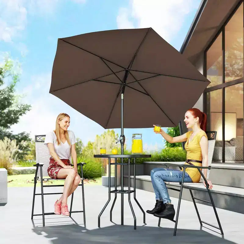 Ensemble de bar d'extérieur 4 pièces avec parasol, salon de jardin avec 2 chaises pliantes, table en verre trempé à texture ondulée pour jardin, terrasse, bord de piscine