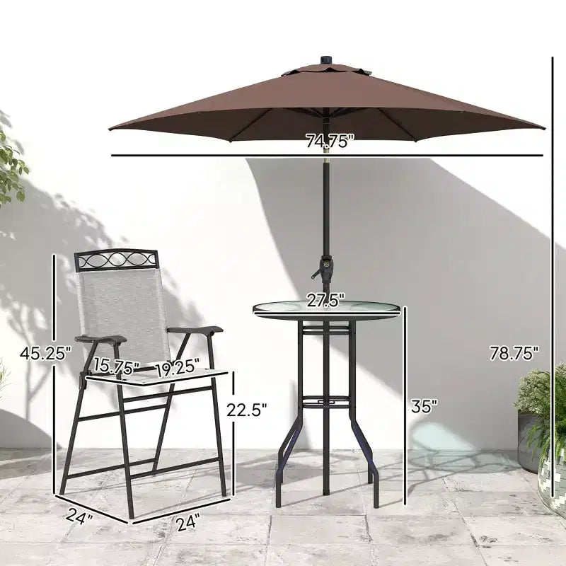 Ensemble de bar d'extérieur 4 pièces avec parasol, salon de jardin avec 2 chaises pliantes, table en verre trempé à texture ondulée pour jardin, terrasse, bord de piscine
