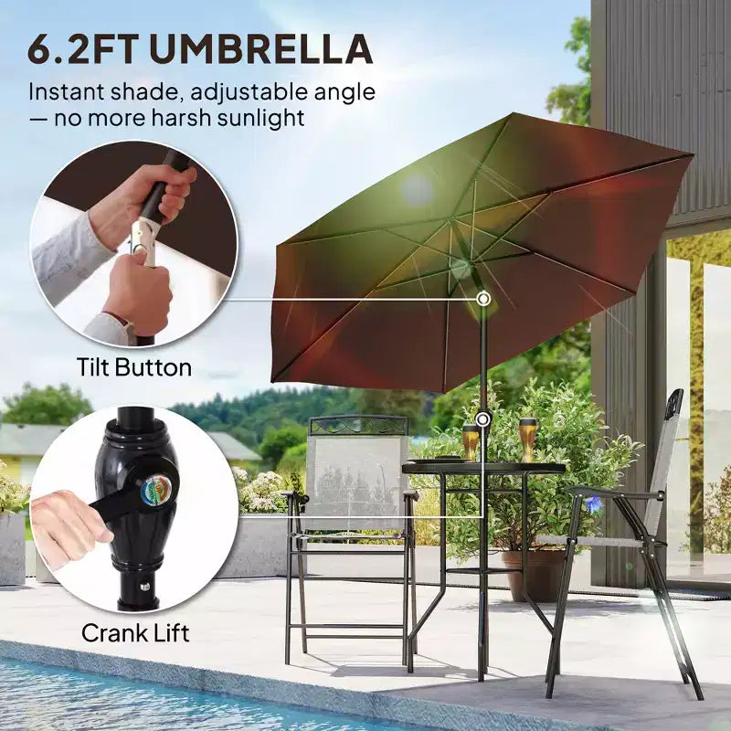 Ensemble de bar d'extérieur 4 pièces avec parasol, salon de jardin avec 2 chaises pliantes, table en verre trempé à texture ondulée pour jardin, terrasse, bord de piscine