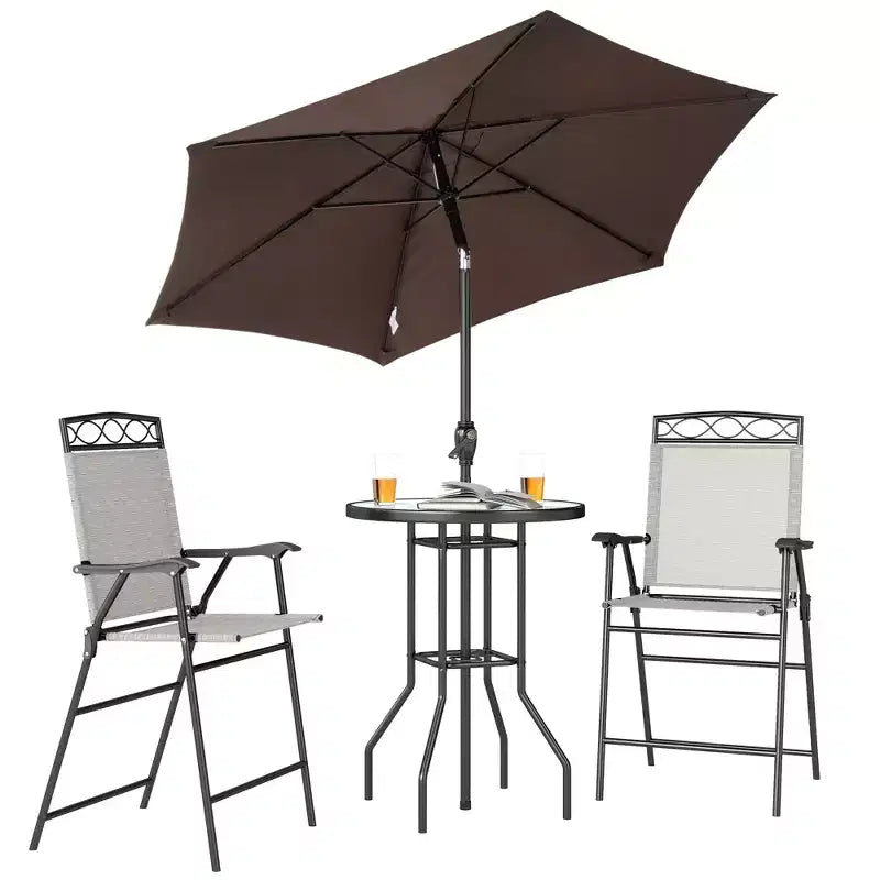 4 Piece Outdoor Bar Set with Umbrella, Patio Dining Set with 2 Folding Chairs, Wave Textured Tempered Glass Table for Backyard, Garden, Deck, Poolside