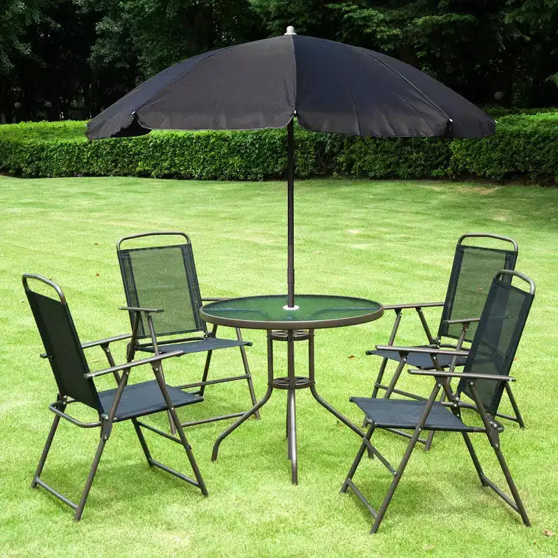 Ensemble de salle à manger de patio 6 pièces pour 4 avec parasol, table et chaises d'extérieur avec 4 chaises pliantes et table ronde en verre