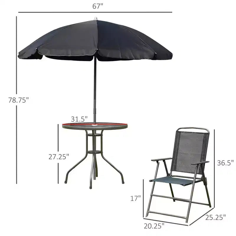 Ensemble de salle à manger de patio 6 pièces pour 4 avec parasol, table et chaises d'extérieur avec 4 chaises pliantes et table ronde en verre