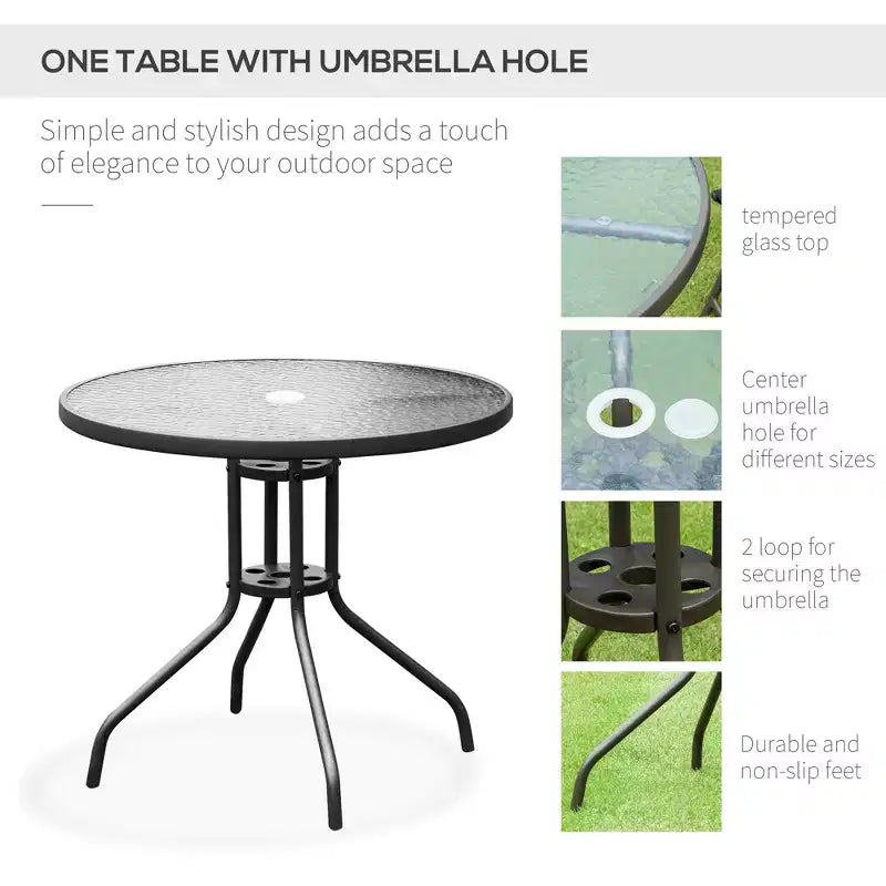 Ensemble de salle à manger de patio 6 pièces pour 4 avec parasol, table et chaises d'extérieur avec 4 chaises pliantes et table ronde en verre