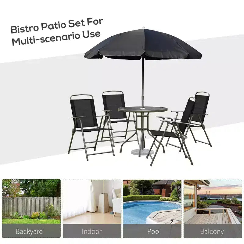 Ensemble de salle à manger de patio 6 pièces pour 4 avec parasol, table et chaises d'extérieur avec 4 chaises pliantes et table ronde en verre