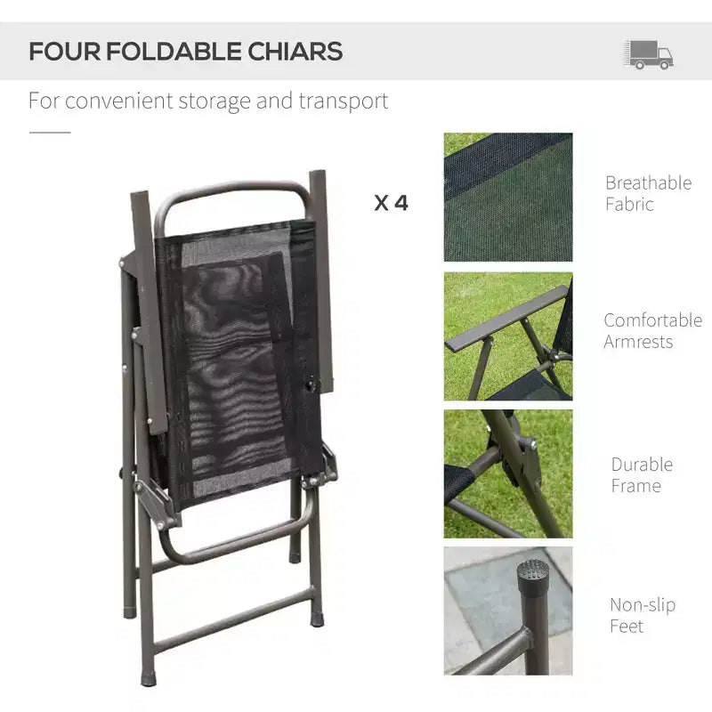 Ensemble de salle à manger de patio 6 pièces pour 4 avec parasol, table et chaises d'extérieur avec 4 chaises pliantes et table ronde en verre
