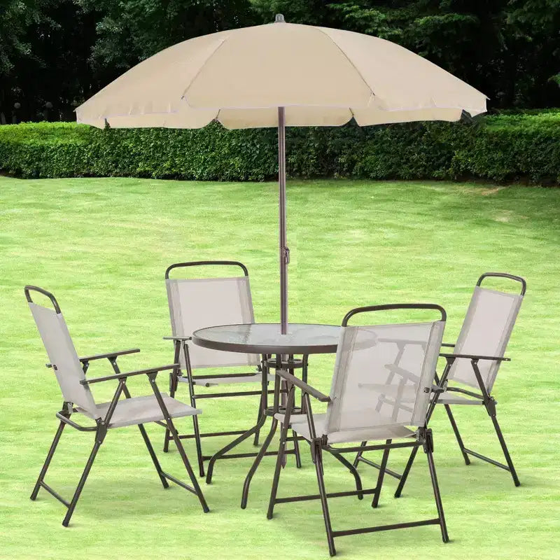 Ensemble de salle à manger de patio 6 pièces pour 4 avec parasol, table et chaises d'extérieur avec 4 chaises pliantes et table ronde en verre